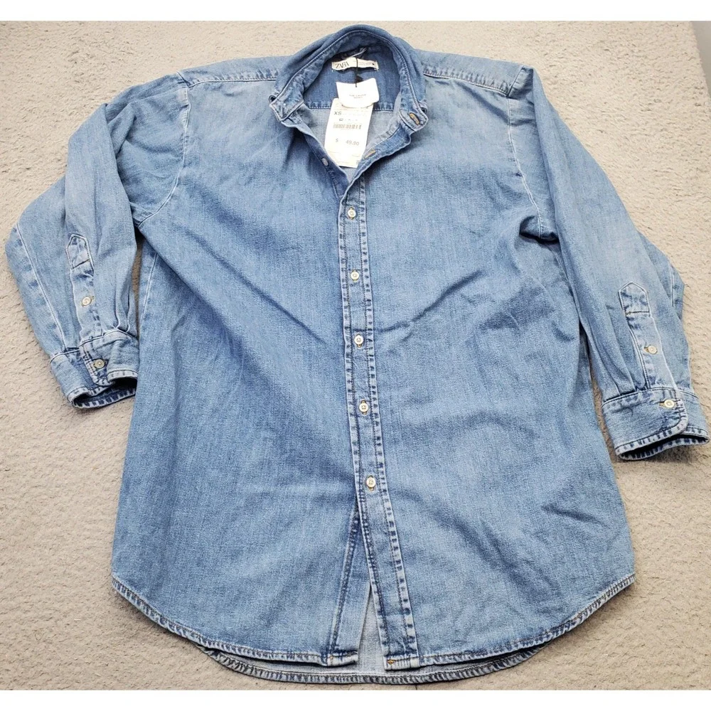 Zara Casual Shirt Mens XS Blue Denim Relaxed Fit Long-Sleeve Collared Button Up - Picture 1 of 8